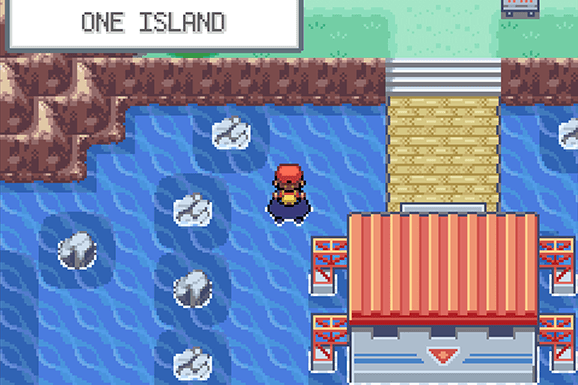 Pokemon FRLG (Pokémon FireRed & LeafGreen) One Island screenshot — boat and dock, Sevii Islands